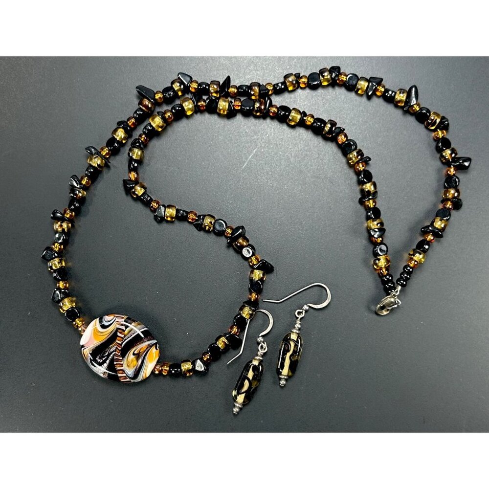 925 Beaded Necklace Earrings Set Swirled Glass Pendant Amber Glass Beads Black